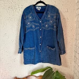 Vintage 90s Denim Jacket Shirt Plus Size 2X | Embroidered Floral Jean Top